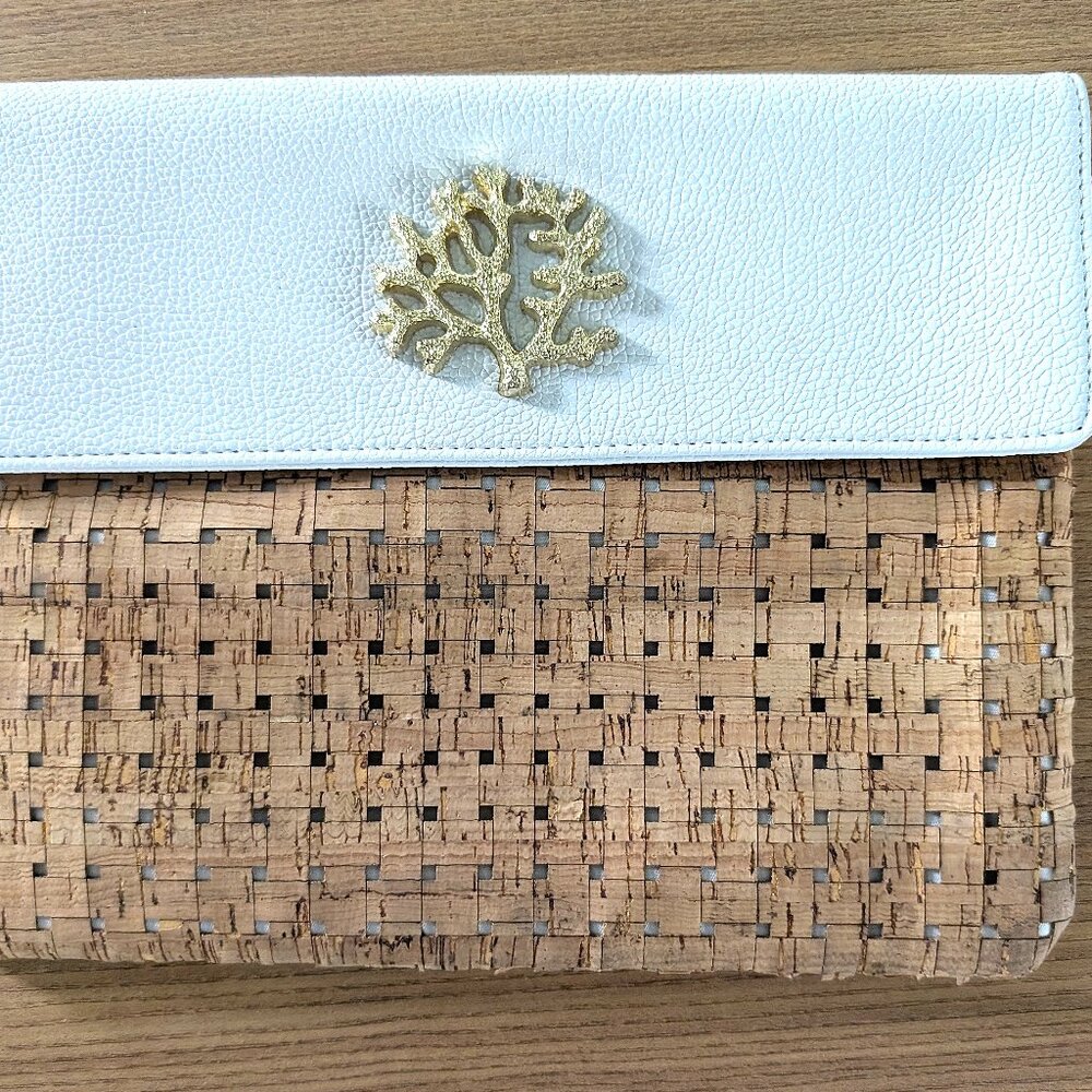 Mud Pie Cork Clutch with White Top and Gold Coral Accent